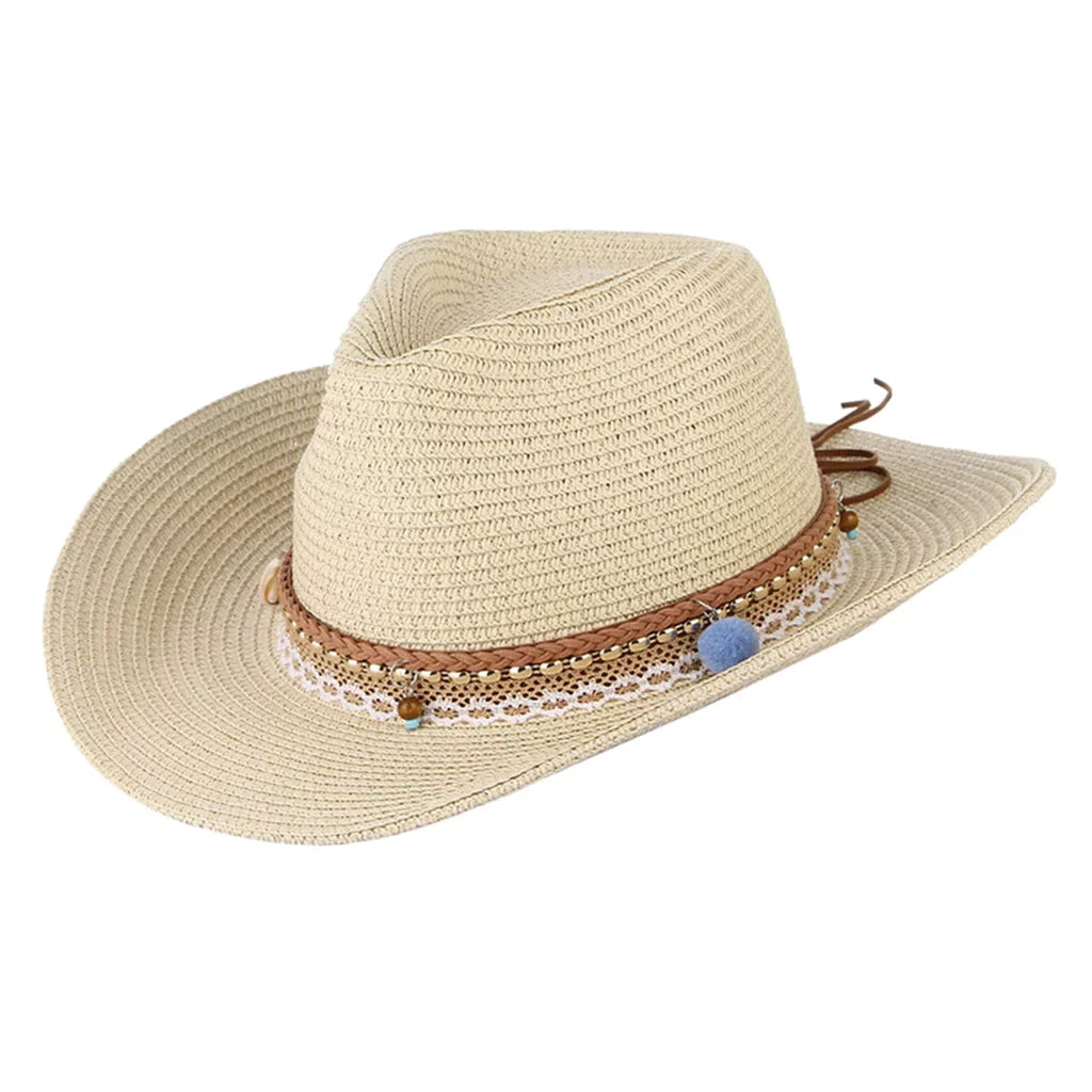 Brim Beige Floppy Packable Trilby Straw Design Big Hat Sun Cowboy Women Western