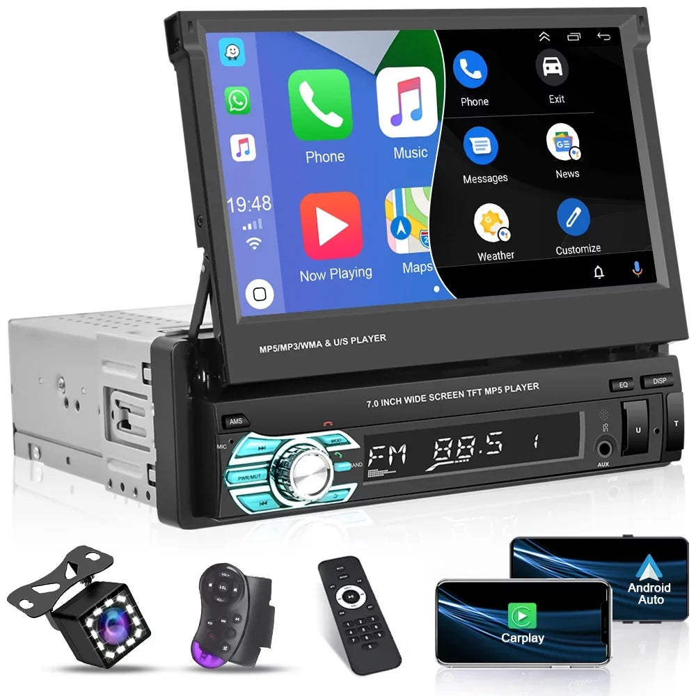 Player LED Backup Camera Retractable 1 Universal Touchscreen 12 Link Single Car Video DIN with Stereo Auto Apple FM Podofo Mirror Function, Carplay Bluetooth Radio Android HD Auto 7"