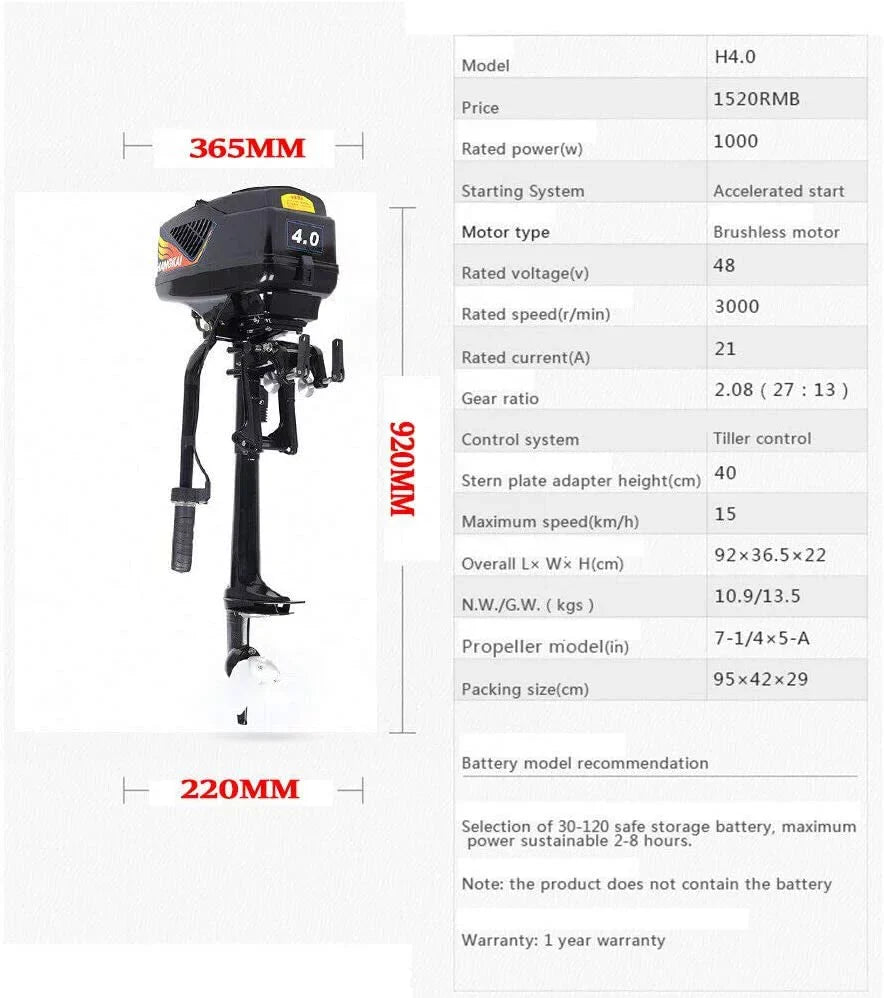 Engine  Electric Trolling Motor, Boat Outboard Duty Propeller 1000W Trolley Driver Motor 4HP Electric Outboard Propeller Motor Miumaeov Start Brushless Heavy