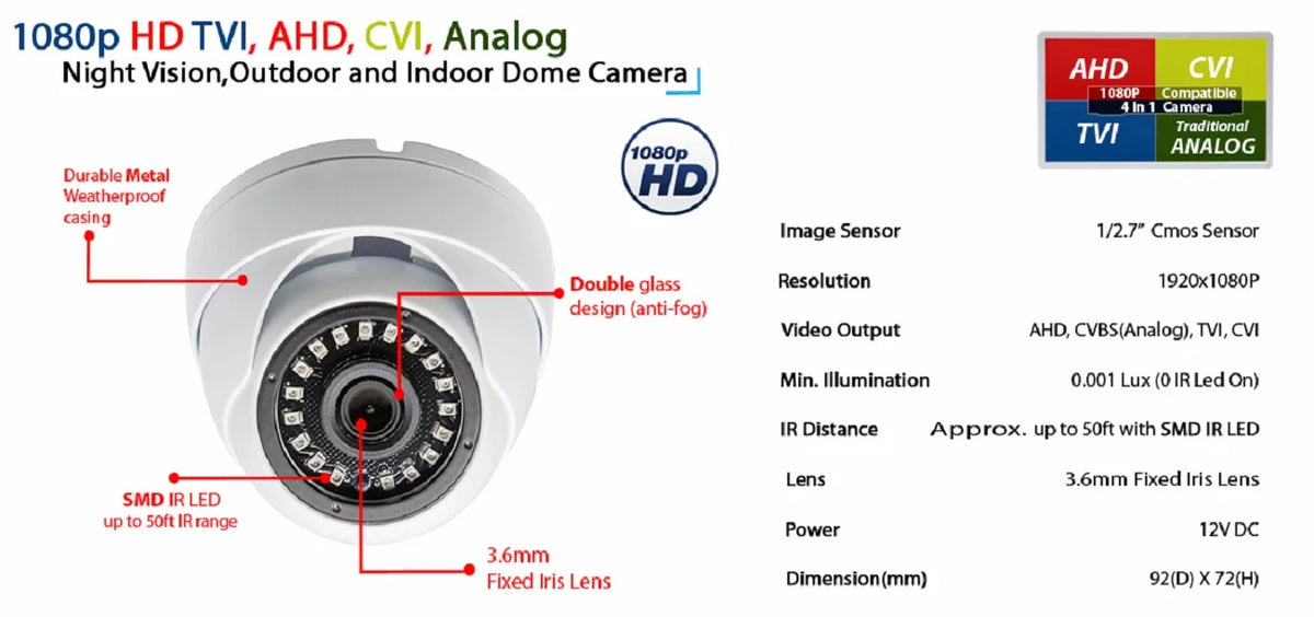 Dome Security Evertech Weatherproof 1080p 6) / (Pack Fixed Night and Indoor Outdoor with Vision 3.6mm of Lens Cameras