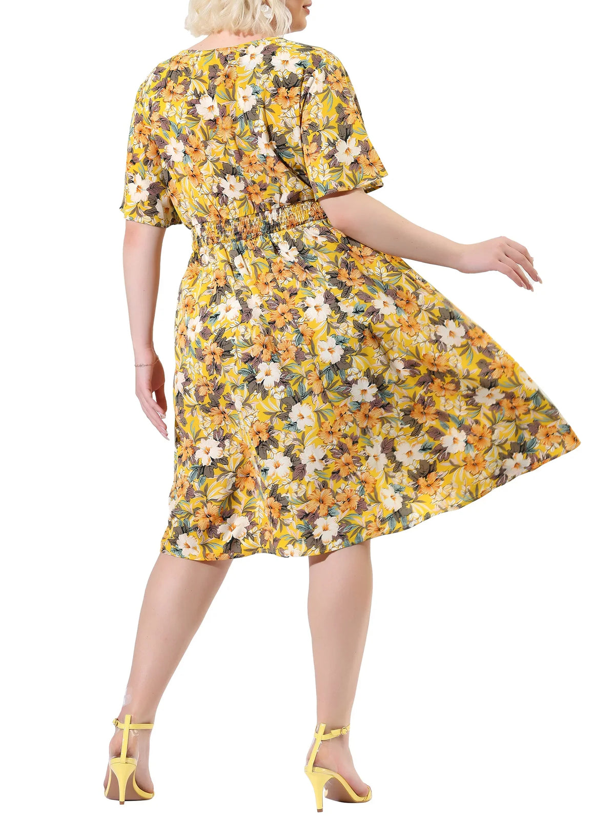 Sleeve Yellow NOVA Juniors' Midi Print Floral 3X V Neck Relaxed  MODA Flare Plus