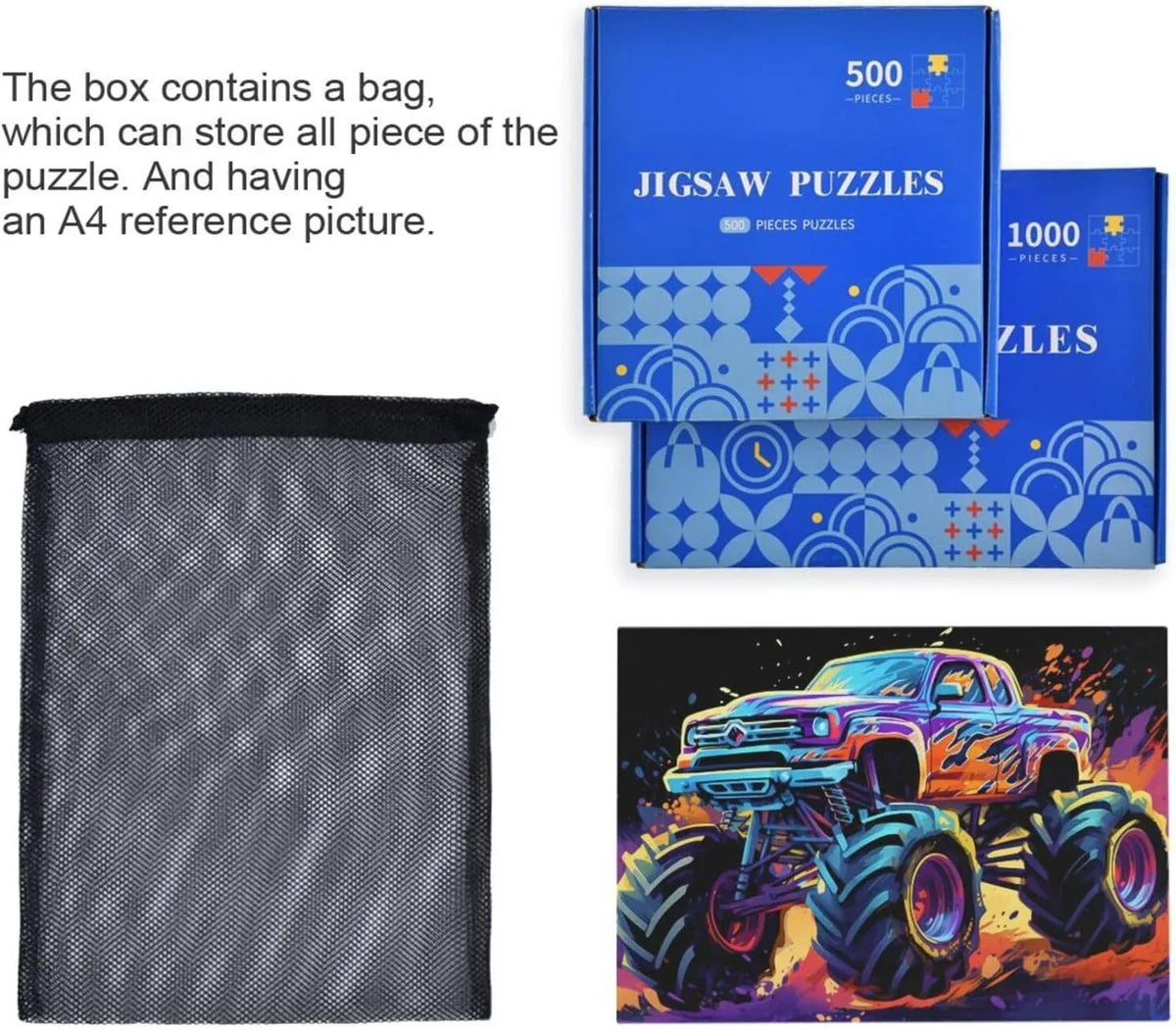 Material Composite Jigsaw Challenging for for Family with Truck Game Storage Zigsaw 500 Friends Neon Kids Parents PCS Monster Bag, Adults, Fun Puzzle, Puzzle Gift Brain Wood Exercise Paper