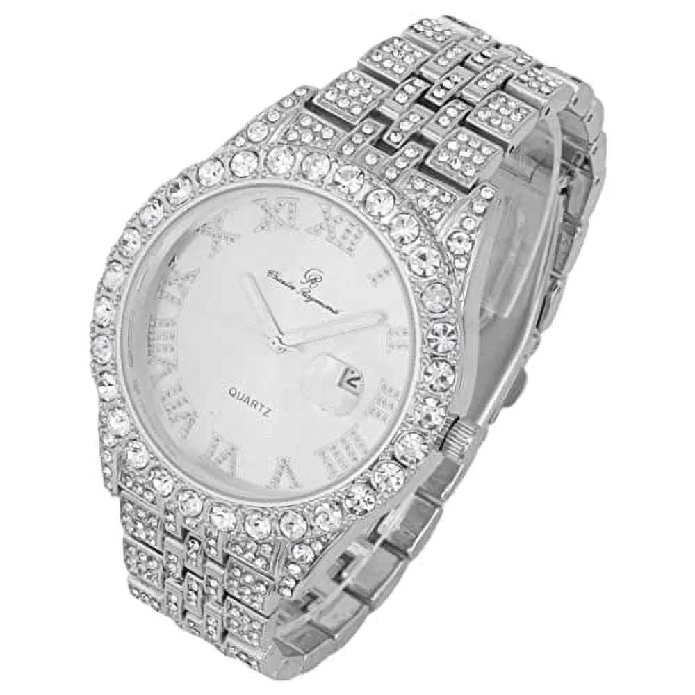 Colorful Out Watch Fully Rocks Date Hip Dials- and Out Big Numerals Raymond Timepiece Mens ST0226RND Cuban Charles Hop w/Roman Blinged Read - Silver w/Easy Designer Silver Iced