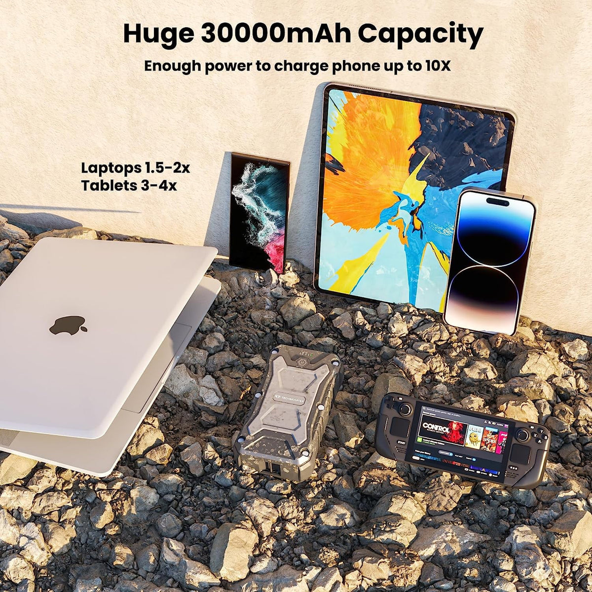 Liquidproof, MacBook, Charging 13, 15, Pixel USB-C Power iPad, and LG, Androids, Bank TECHSMARTER S23, 14, 30000mAh Compatible 65W Charger. PD S22, 15W Rugged Wireless S21, Samsung iPhone Portable with