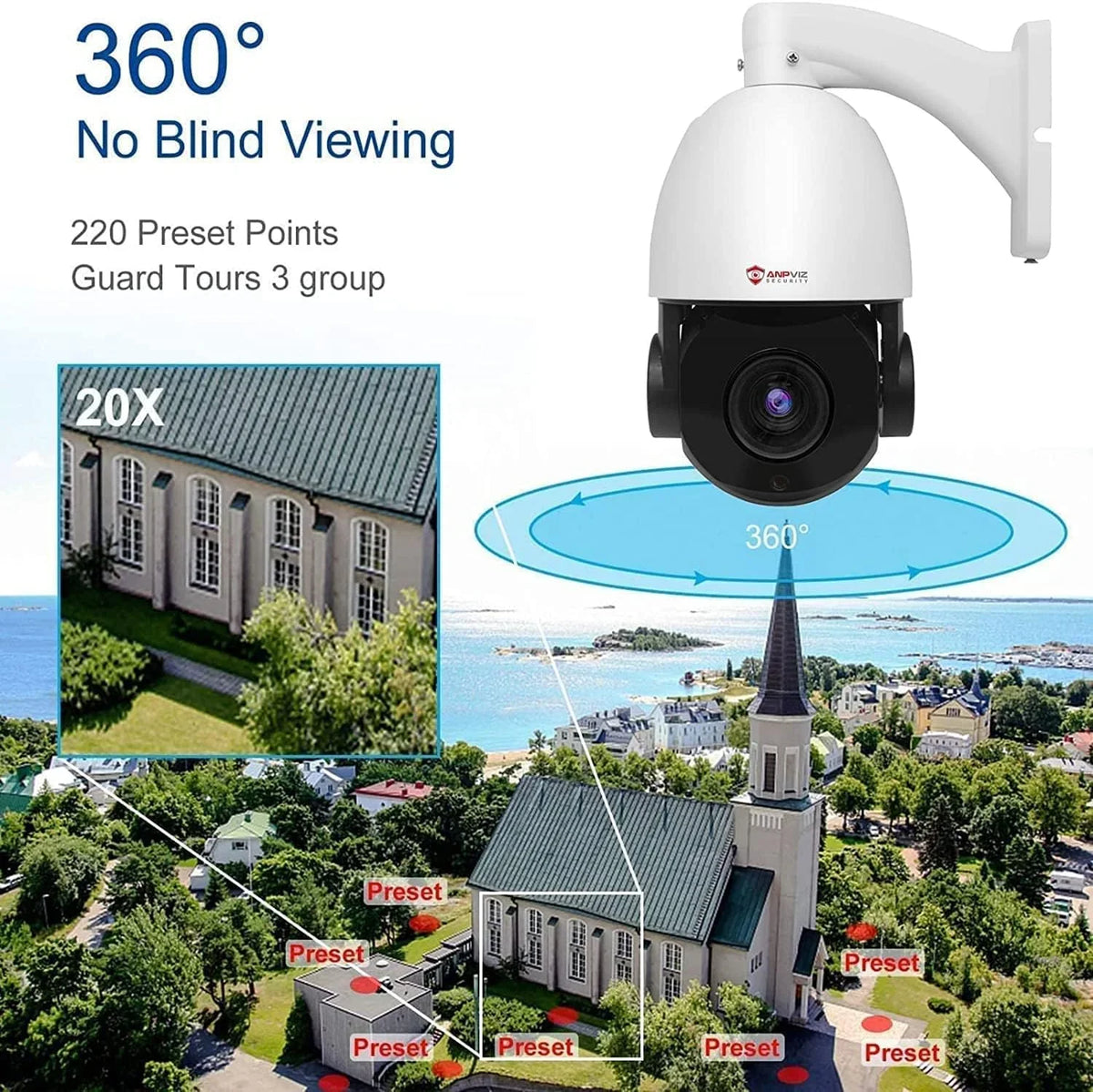 Security 90°, 5MP with Mic/Audio, 360°/Tilt Surveillance Liquidproof IP Person Pan , PoE Zoom, Outdoor Optical PTZ PTZ Detection, Anpviz IR Camera Night 20X Camera Vehicle Vision, IP Indoor IP66