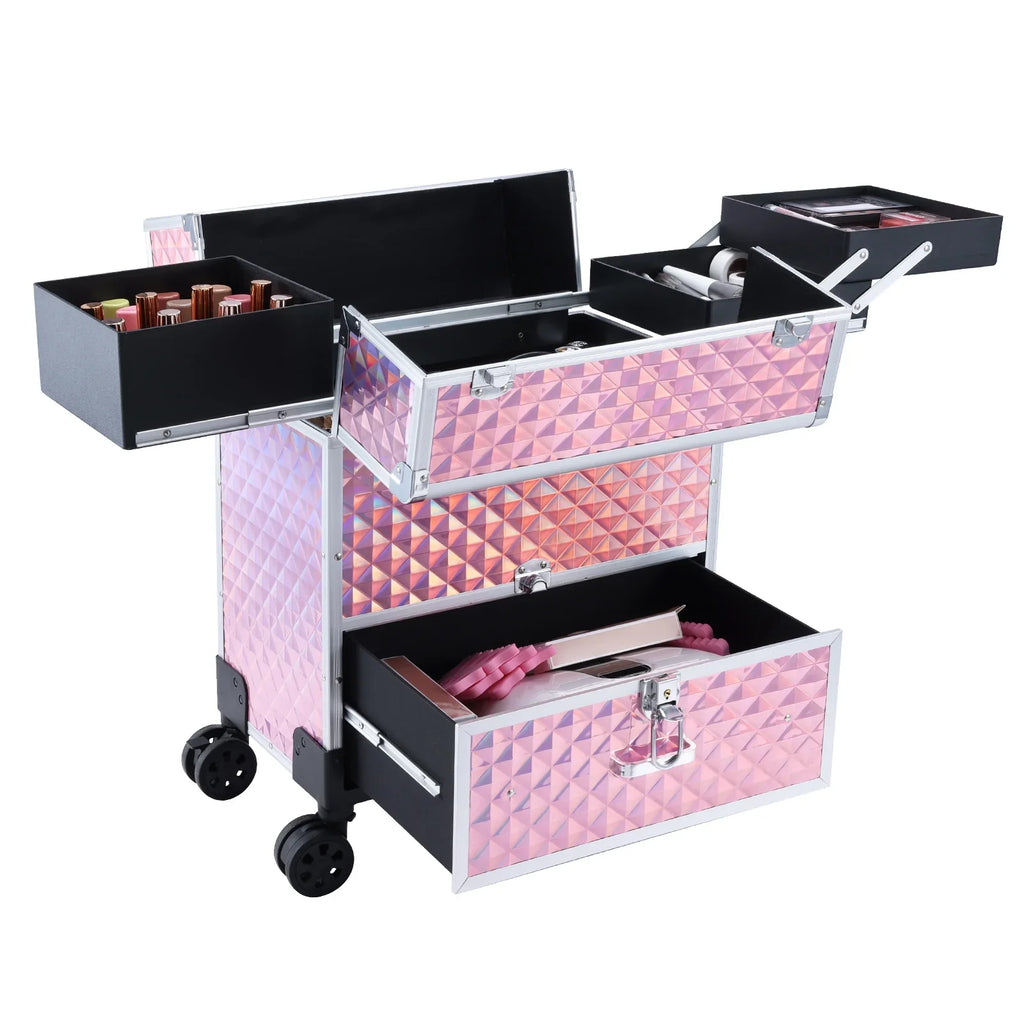 Trolley Professional Rolling Makeup Drawers, with Cosmetic Pink Joligrace Case