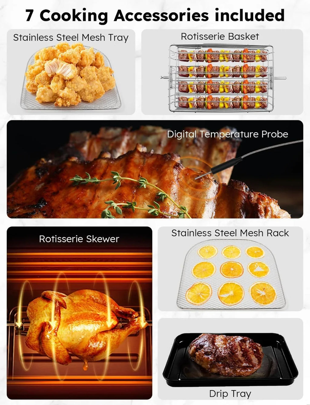 Powerful SS Fryer Integrated Oven, Thermometer Temp Basket 15.5Qt Brio 50F-425F Kit, &-Skewer Size, Rotisserie X-Large Smart Air 1800W, HOZO Controls, Family