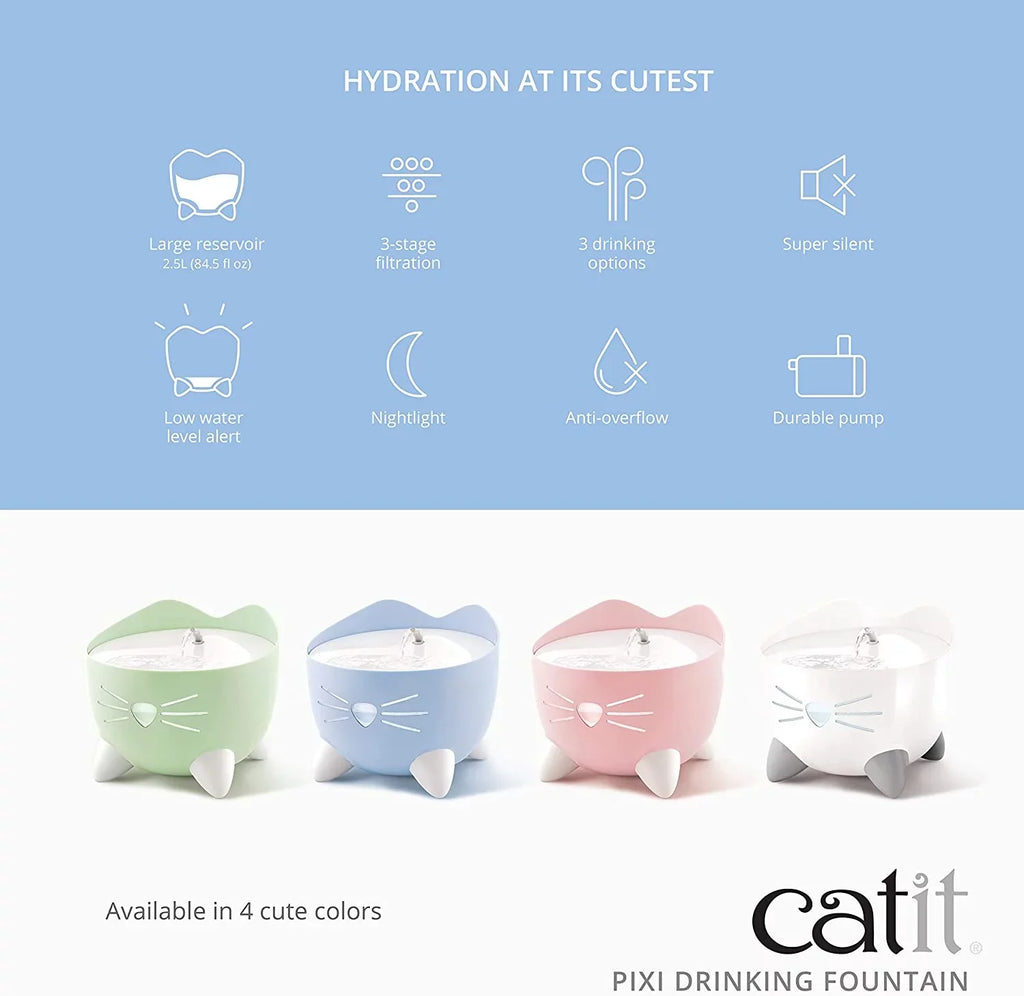 Triple PIXI Options, with Pink Fountain Fountain and Cat Filter Liquid Ergonomic Catit Drinking Drinking