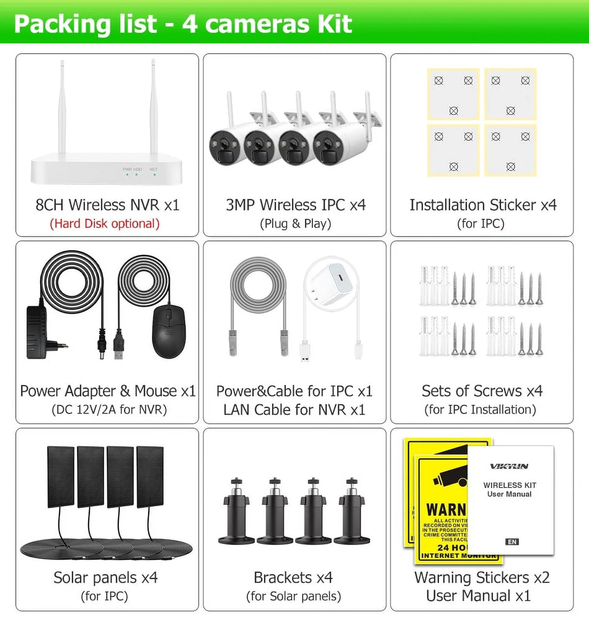 Wireless Panels HDD Solar 4 4Pcs , NVR 2.5inch Battery , Camera WiFi 3MP 8CH CCTV VIKVIZ System