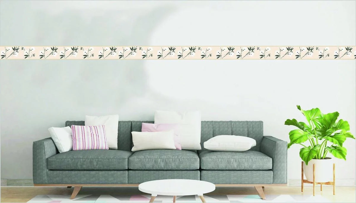 Flowers and 15 Adhesive Deco's Wall - Dundee Border Peel and Stick Self x Wallpaper in, White ft 7 Floral Border Leaves Retro Design, Cream