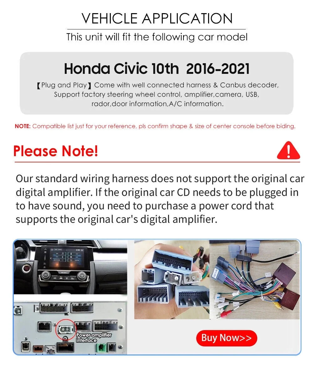 STEREO 12 CIVIC CAR 2016-2020 FOR 9" 4G HONDA CARPLAY APPLE ANDROID RADIO GPS