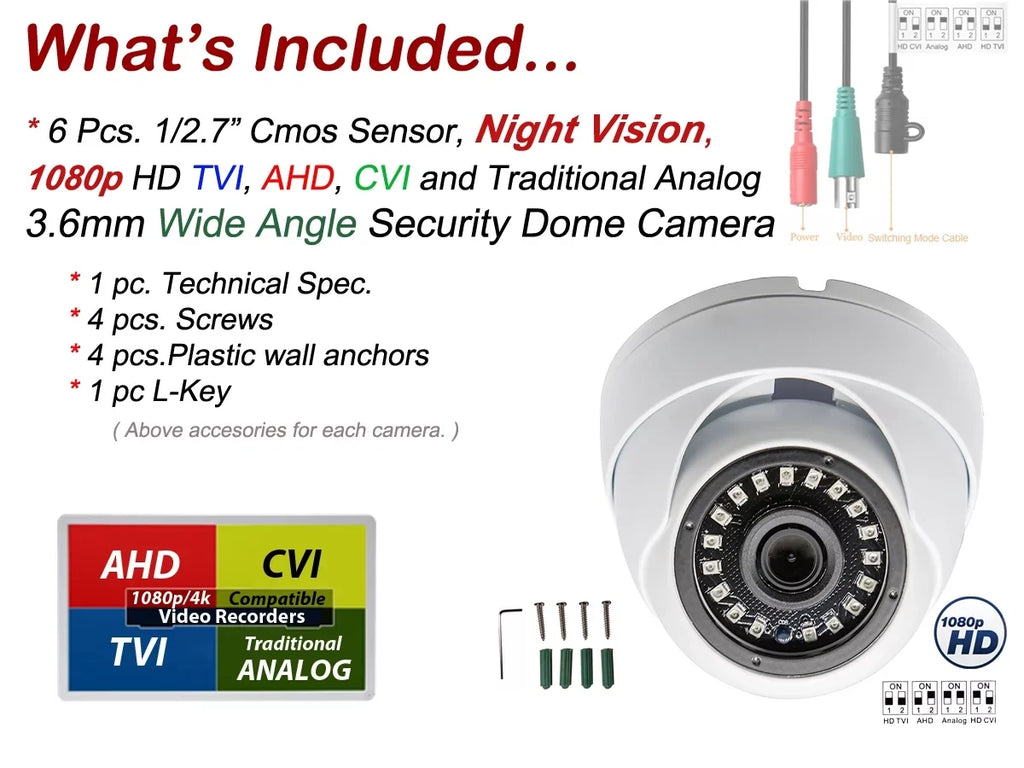 Dome Security Evertech Weatherproof 1080p 6) / (Pack Fixed Night and Indoor Outdoor with Vision 3.6mm of Lens Cameras