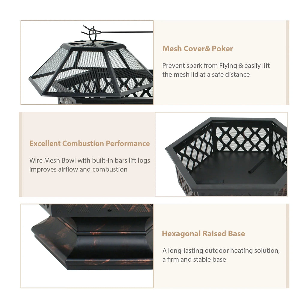 Portable Black Pit - Bonfire Wood Lid, ZenSports Backyard, Hex-Shaped Outdoor 24’’ Pire W/Mesh Burning
