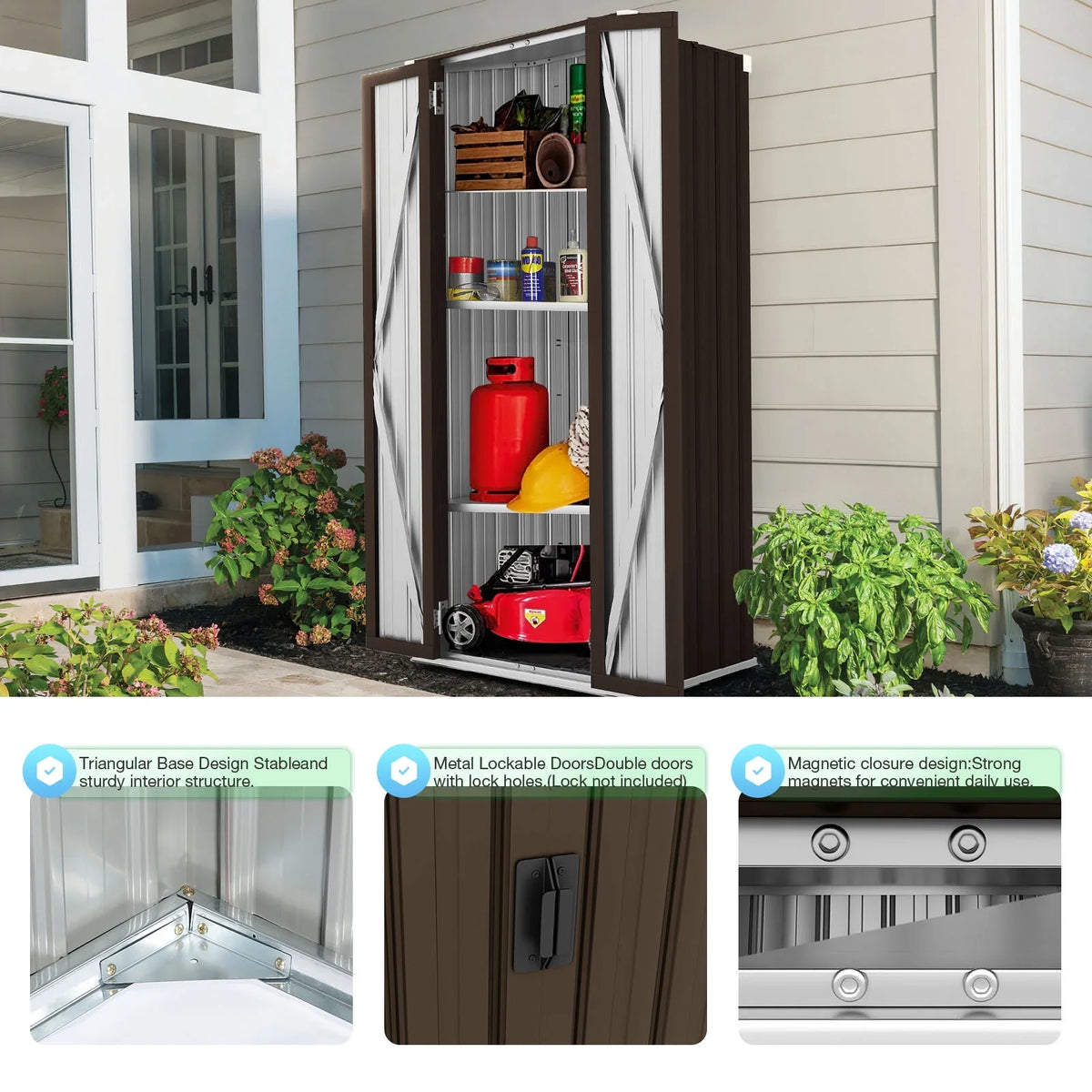 Storage Outdoor/ Cabinet with Garden Storage YODOLLA in Indoor Garage& Shelves Doors Shed Organizer for and 70" Brown