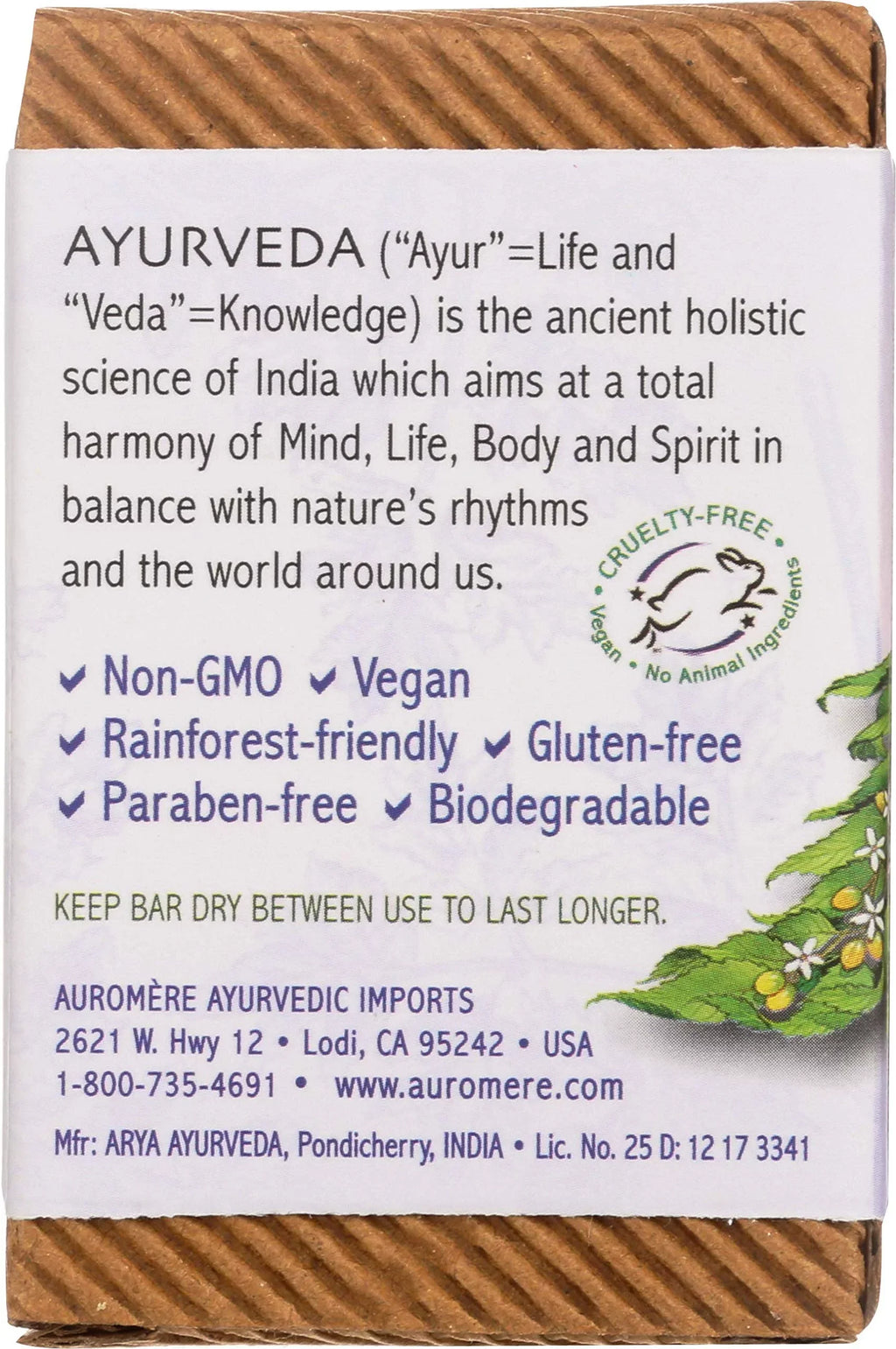 Auromere Lavender Bar Vegan, Friendly, Neem Pack. Non Soap, 5 Natural, Ayurvedic (2.75 Eco Free, Cruelty Oz), Gmo - Handmade,