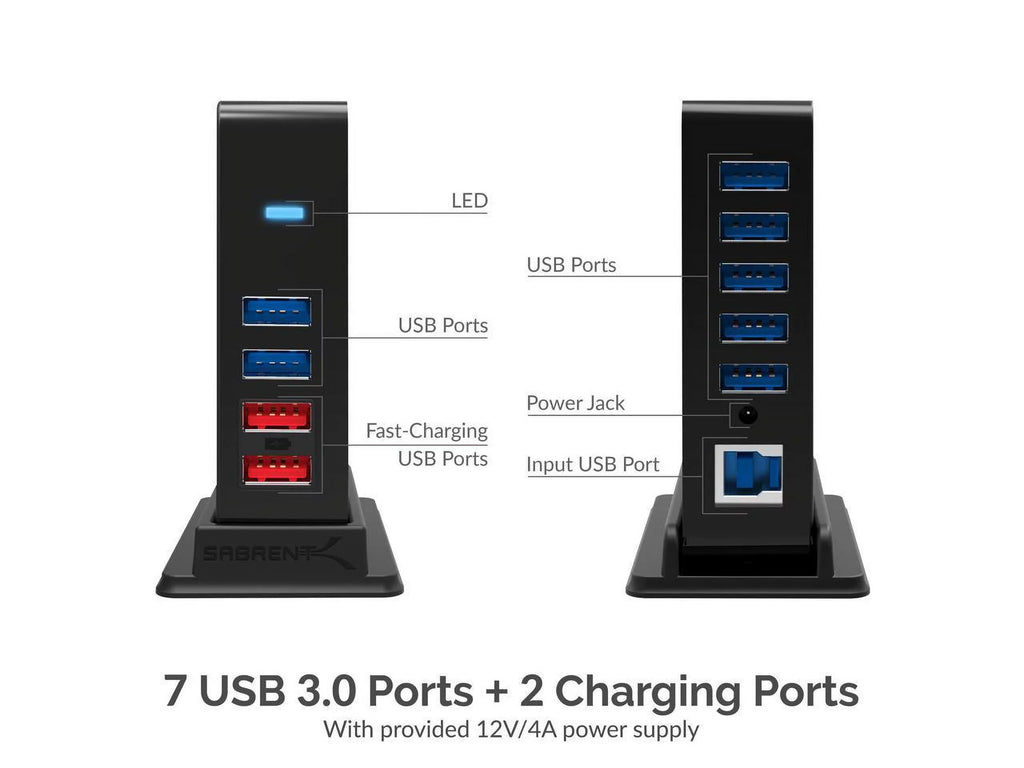 [Black] 12V/4A 7 with (HB-U930) SABRENT 3.0 Charging HUB 2 USB Ports Port + Adapter Power