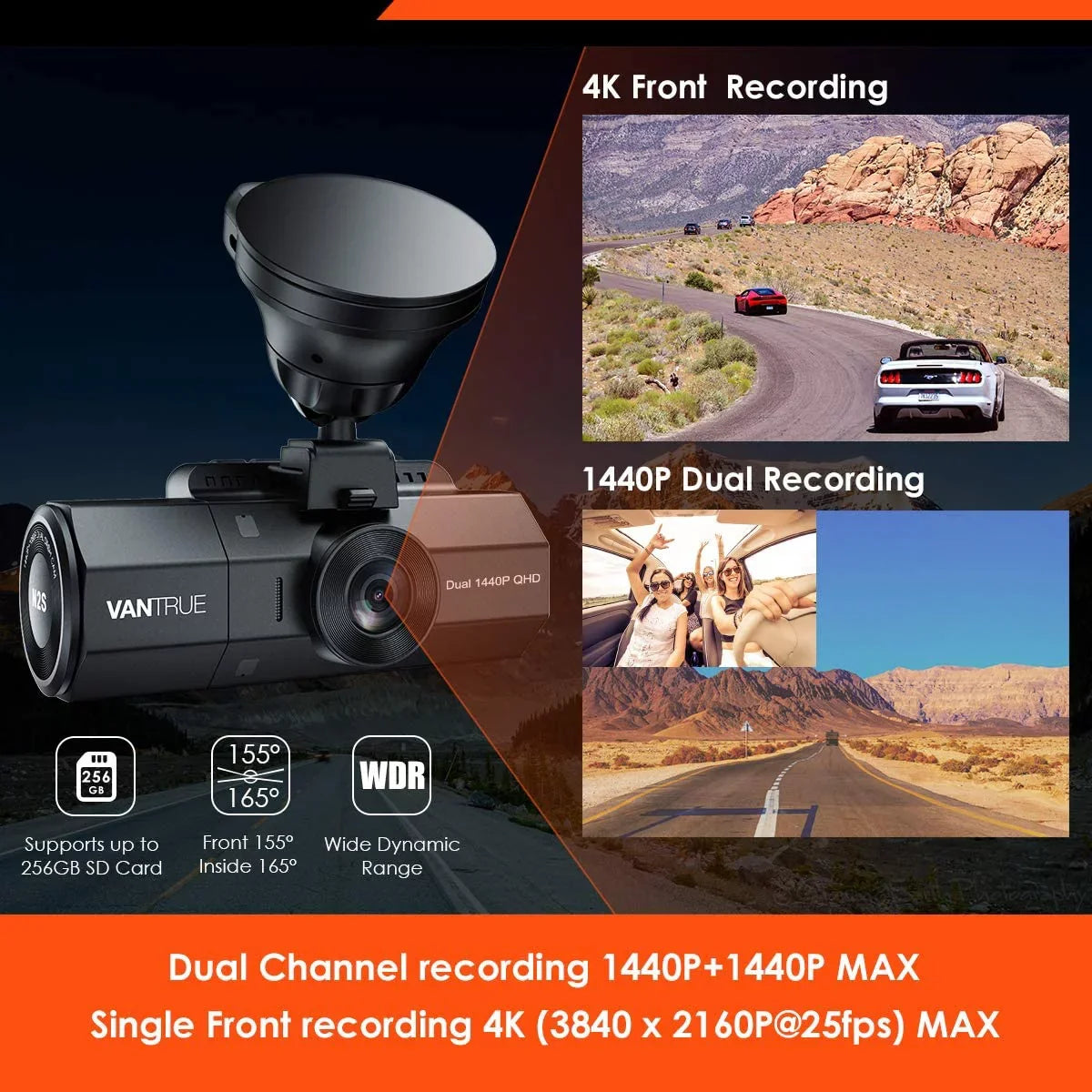 Inside w/ N2S Camera and | | Dash Dash Vantrue Cam Front 4K GPS NV Infrared
