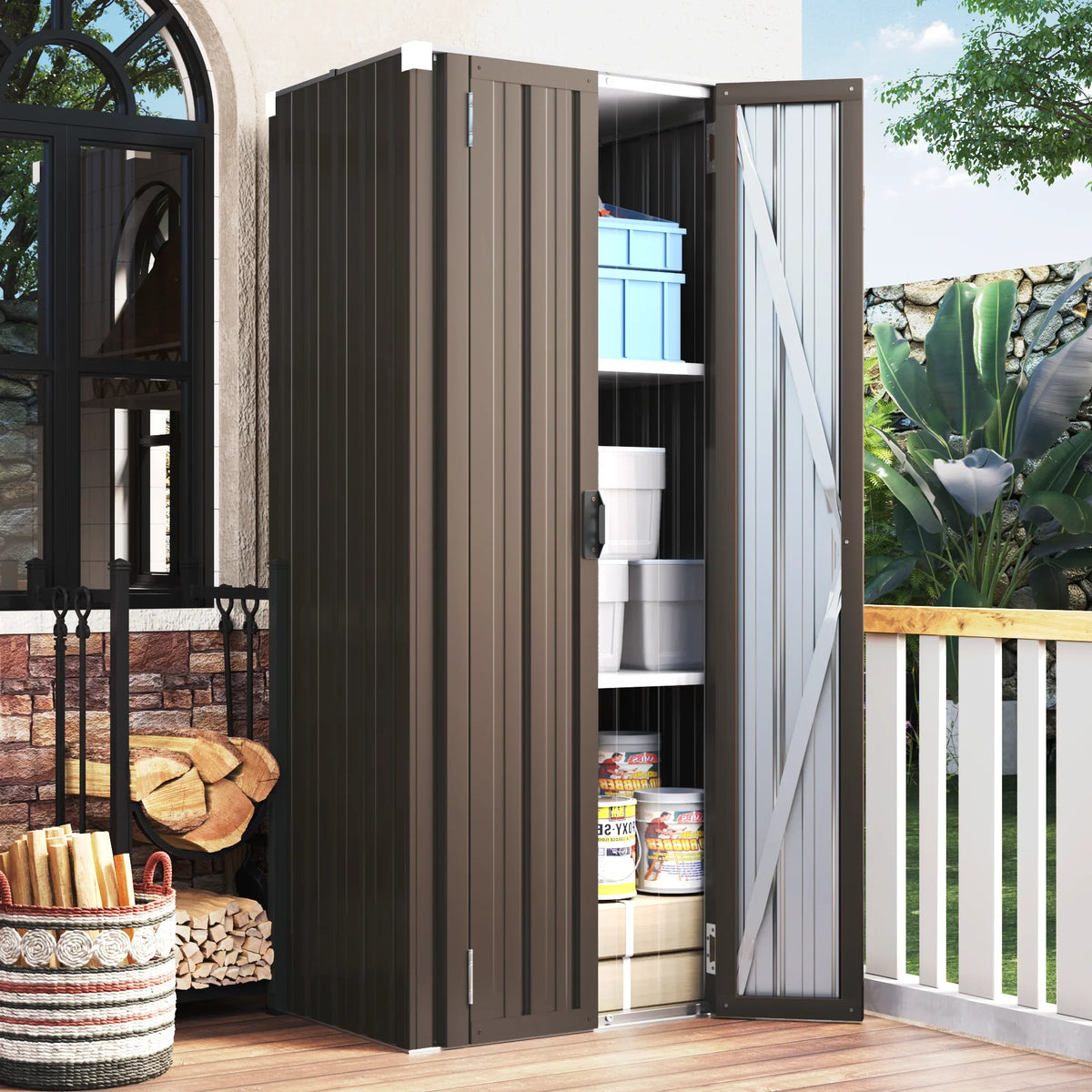 Storage Outdoor/ Cabinet with Garden Storage YODOLLA in Indoor Garage& Shelves Doors Shed Organizer for and 70" Brown