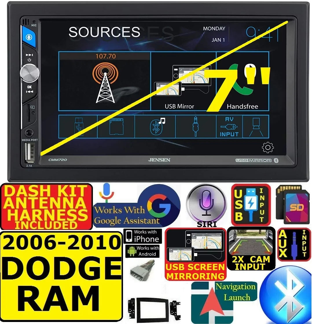 AM/FM RADIO STEREO VEHICLE HARNESS, ANTENNA KIT, INCLUDES HARDWARE INCLUDING SPECIFIC AND RAM 06-10 ADAPTER WHEN USB/BLUETOOTH REQIRED. FITS CAR WIRE TOUCHSCREEN DASH INSTALLATION DODGE PKG.