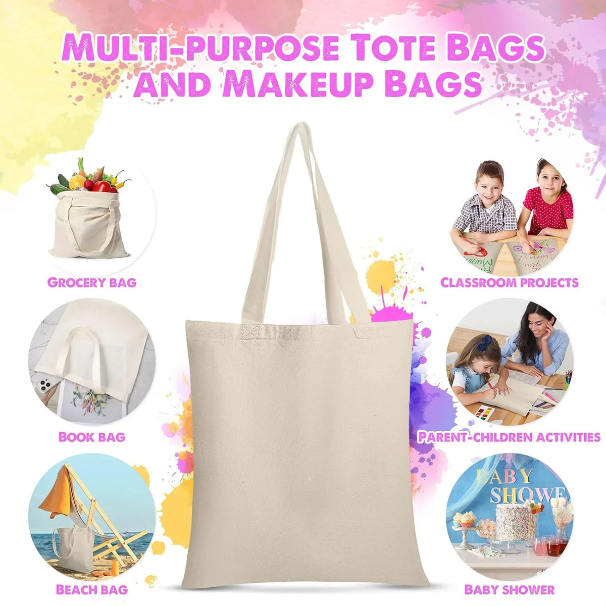 Shopping Reusable x Blank 13 Plain with Tote 24 Bags, Crafting and Handles H W 15 Canvas Pieces Grocery Cloth Inch DIY Bags Lightweight Decorating, for Canvas Bag Inch