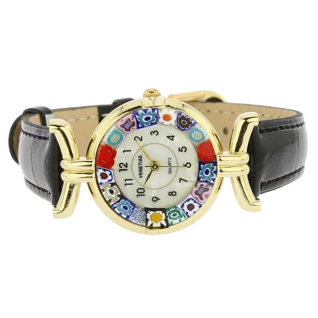 Leather GlassOfVenice Glass Watch Murano with Multicolor Black - Millefiori Band