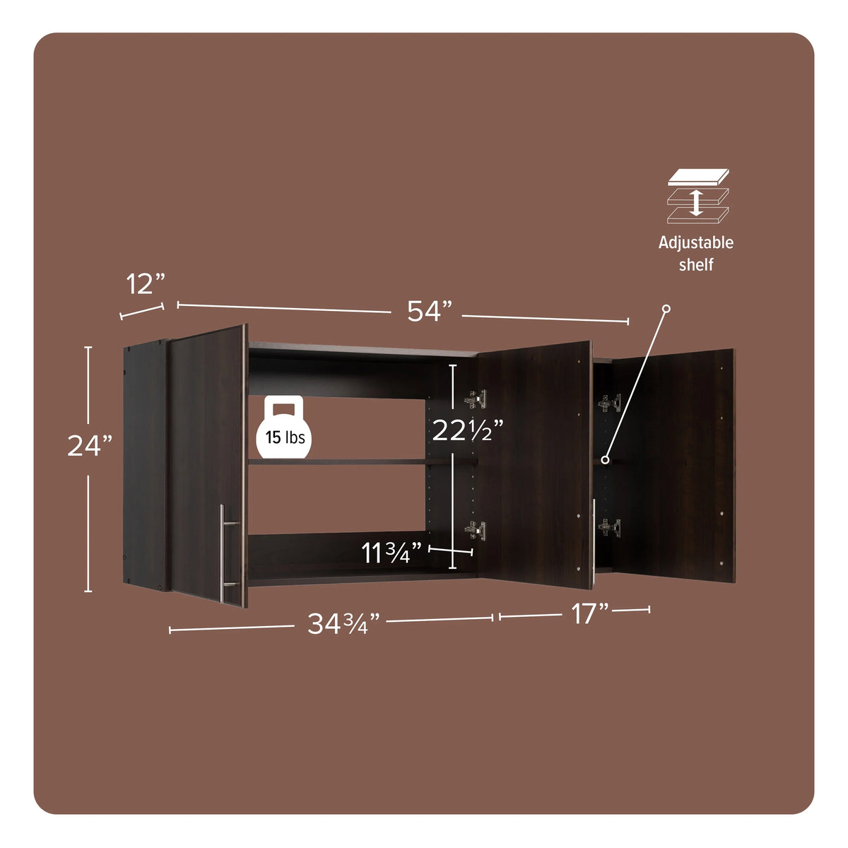 Cabinet, Espresso 54"W EEW-5424, Versatile 3-Door, Elite Cabinet 12"D, 24"H Prepac x by Adjustable Garage Tall Prepac, x Wall Wall