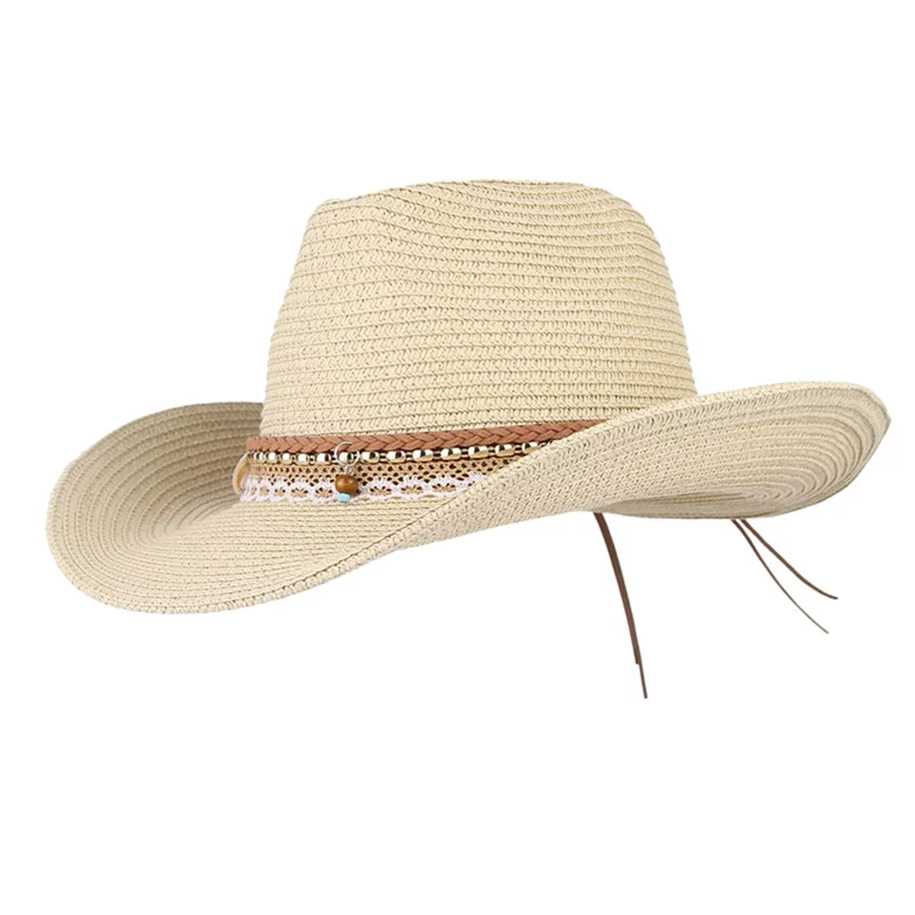 Brim Beige Floppy Packable Trilby Straw Design Big Hat Sun Cowboy Women Western