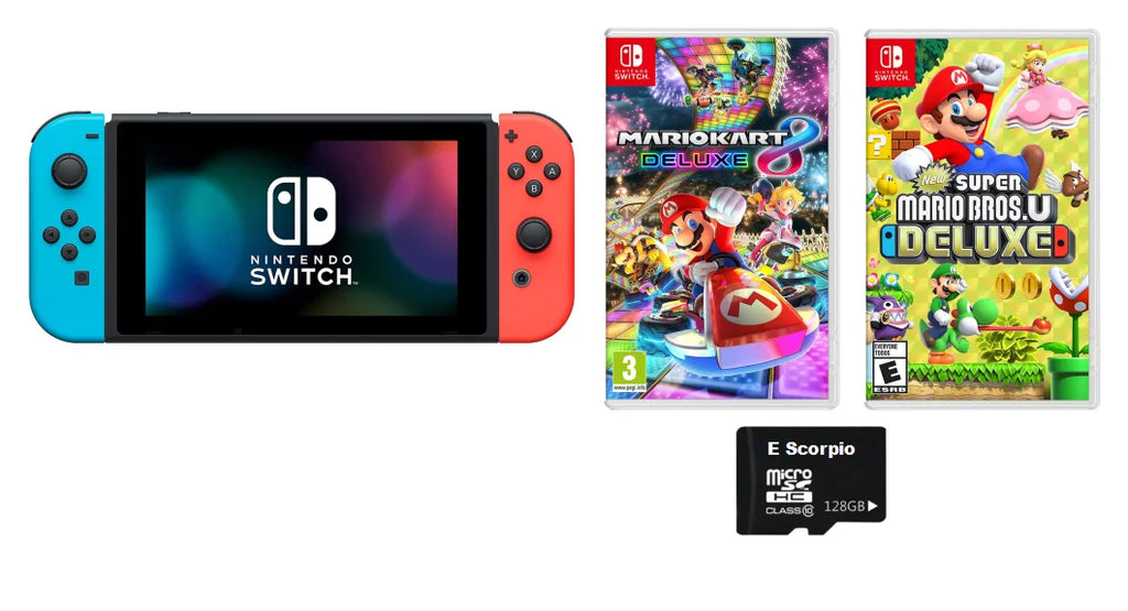 Joy-Con| 32GB Bundle: U 8 Blue Bros. Deluxe Red Online Months and Mario Nintendo Switch Switch Nintendo Mario and 3 Neon Kart Membership with Deluxe /Super Switch Nintendo Console