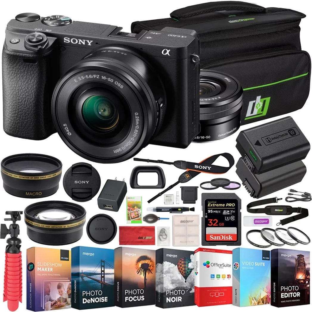 Lens Editing Bundle ILCE-6400L/B 0.43x Angle f/3.5-5.6 Power Telephoto 2.2X Extra Lens with 4K Sony 16-50mm + Wide Deco Camera Kit OSS Set and & Gear Case Mirrorless Battery Filter (Black) a6400
