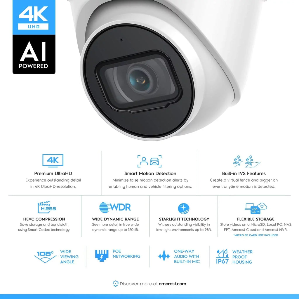 Camera POE Security Outdoor 3840x2160, in Amcrest MicroSD, POE Detection, Wide AI IP UltraHD 4K Camera, Weatherproof, 8MP (IP8M-T2669EW-AI) Built Human/Vehicle IP67 (Used) Turret Mic, White Angle,