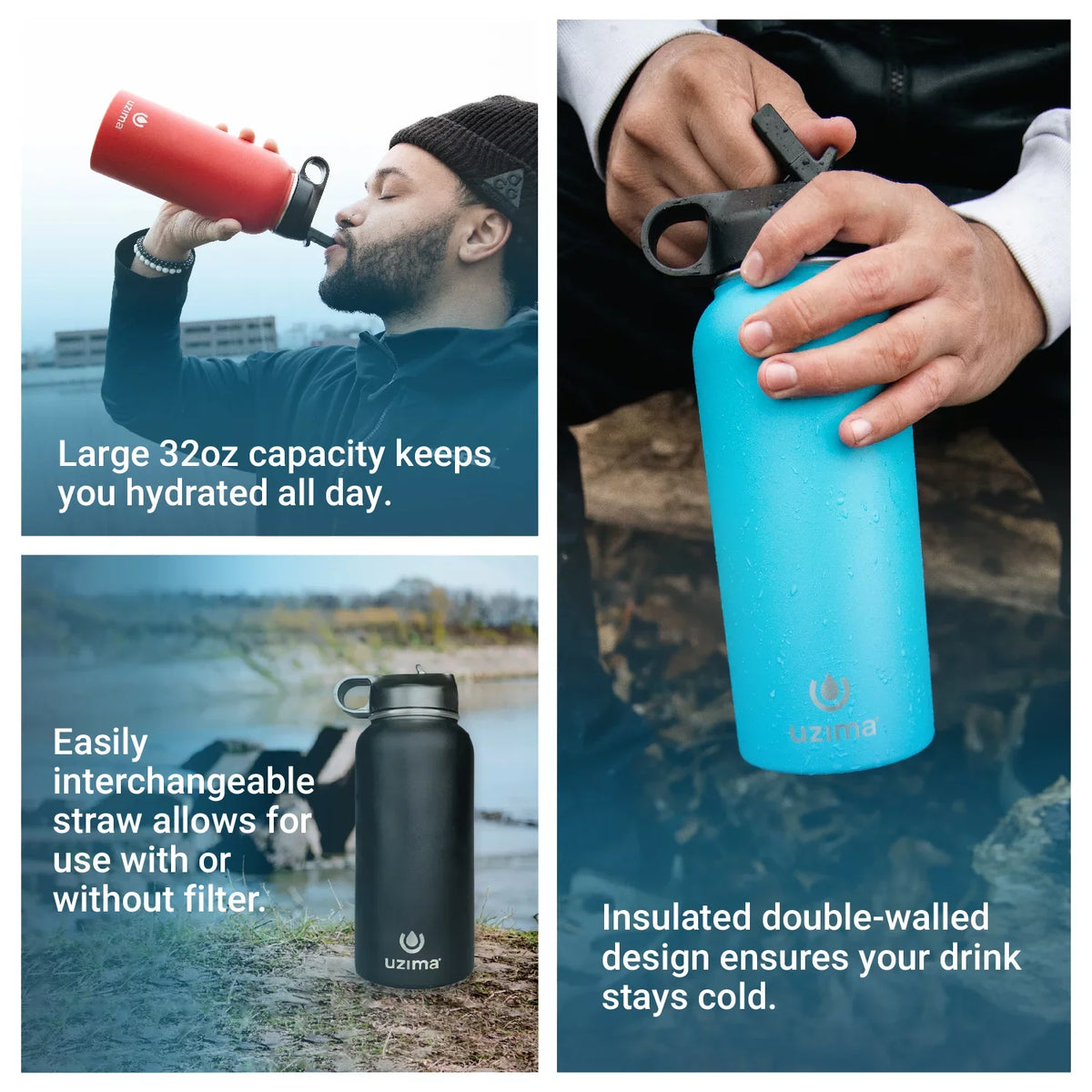 '- (Black) Steel Travel. Large and Double-Walled on Go. Uzima Camping, Hiking, Exterior. for the Purification Z-Source Filtered Backpacking, Bottle Liquid Liquid Capacity Stainless 32oz with