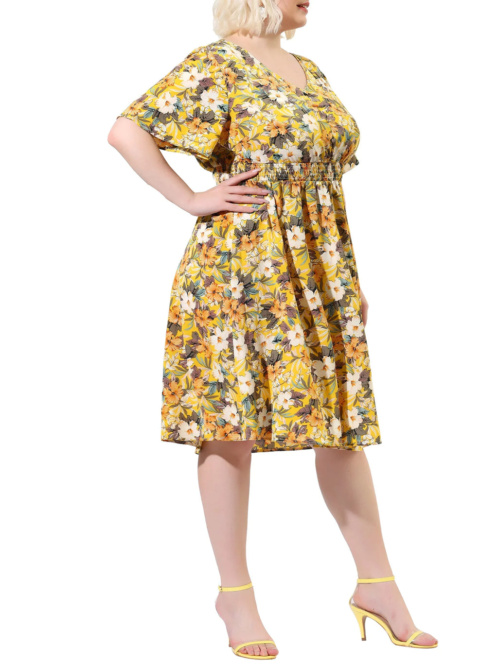 Sleeve Yellow NOVA Juniors' Midi Print Floral 3X V Neck Relaxed  MODA Flare Plus