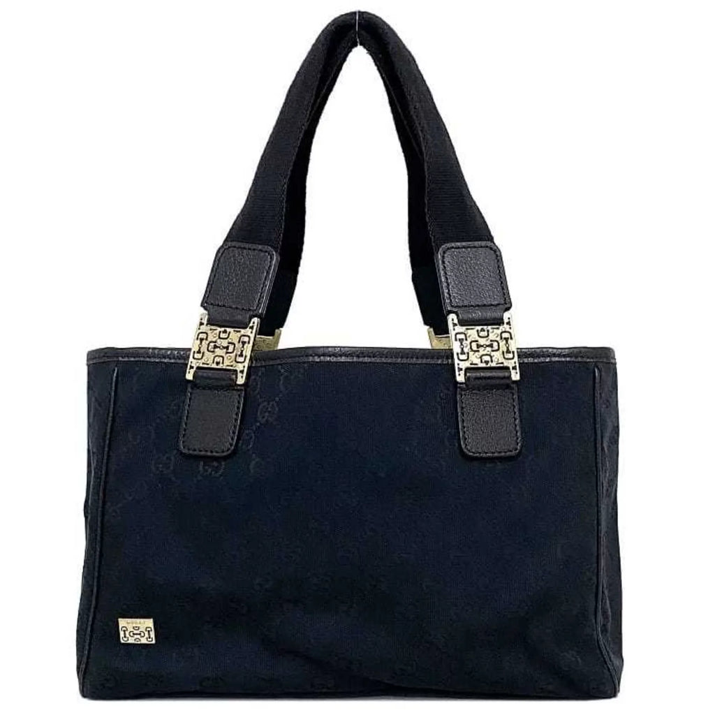 145810 Tote Horsebit Silver Black GUCCI Canvas Leather (Good)  Bag Pre-Owned Handbag Gucci