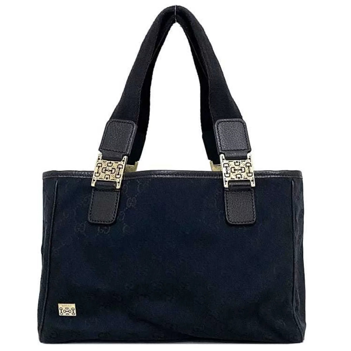 145810 Tote Horsebit Silver Black GUCCI Canvas Leather (Good)  Bag Pre-Owned Handbag Gucci