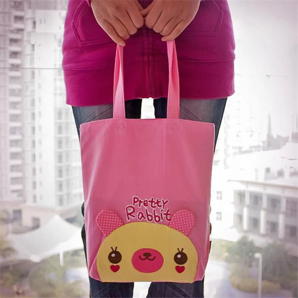 Embroidered 10.6 - 2.1 Bag & Bag Fabric Shopper Art Applique in. Kids x Tote Pretty x Rabbit HQ-36-RABBIT 9.5