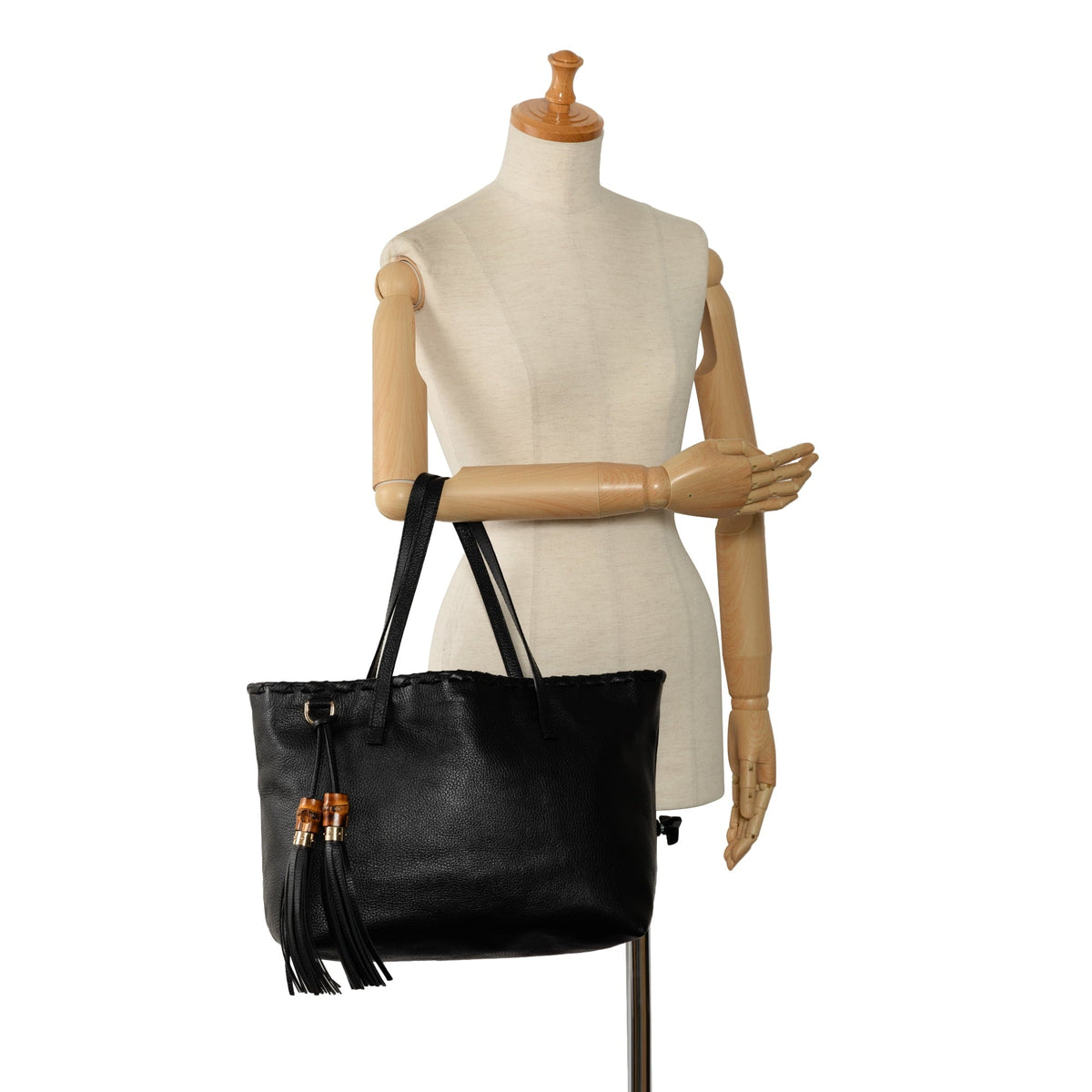 Bag Authenticated Unisex Bamboo Pre-Owned Black Tassel Leather Calf Tote (Good) Tote Gucci