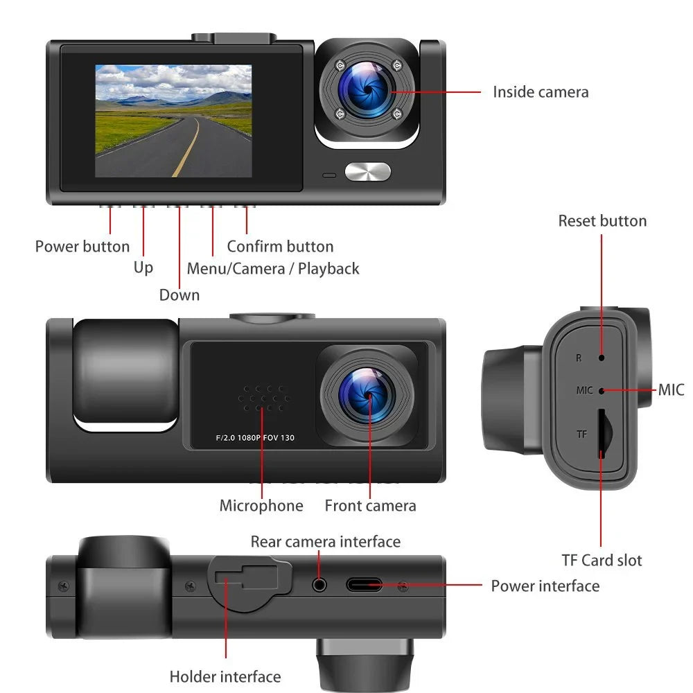 Night Cam Triple IR Camera Inside Dash Rear W/32GB 1080P Front Dual Cam, Dash DVR 3 Camera, Inside Driving TF Recorder, 3 Dashboard Channel Backup G-Sensor Card, Way Car Vision,