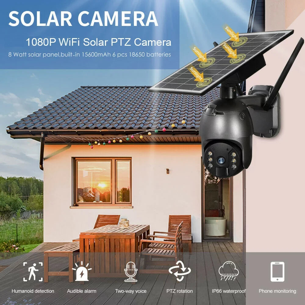 AI Solar WIFI HD PTZ Outdoor Wireless Audio, Detection PIR Security DFITO Camera, Liquidproof, Human Camera Security CCTV 1080P 2-Way Camera Detection, Motion Surveillance IP66