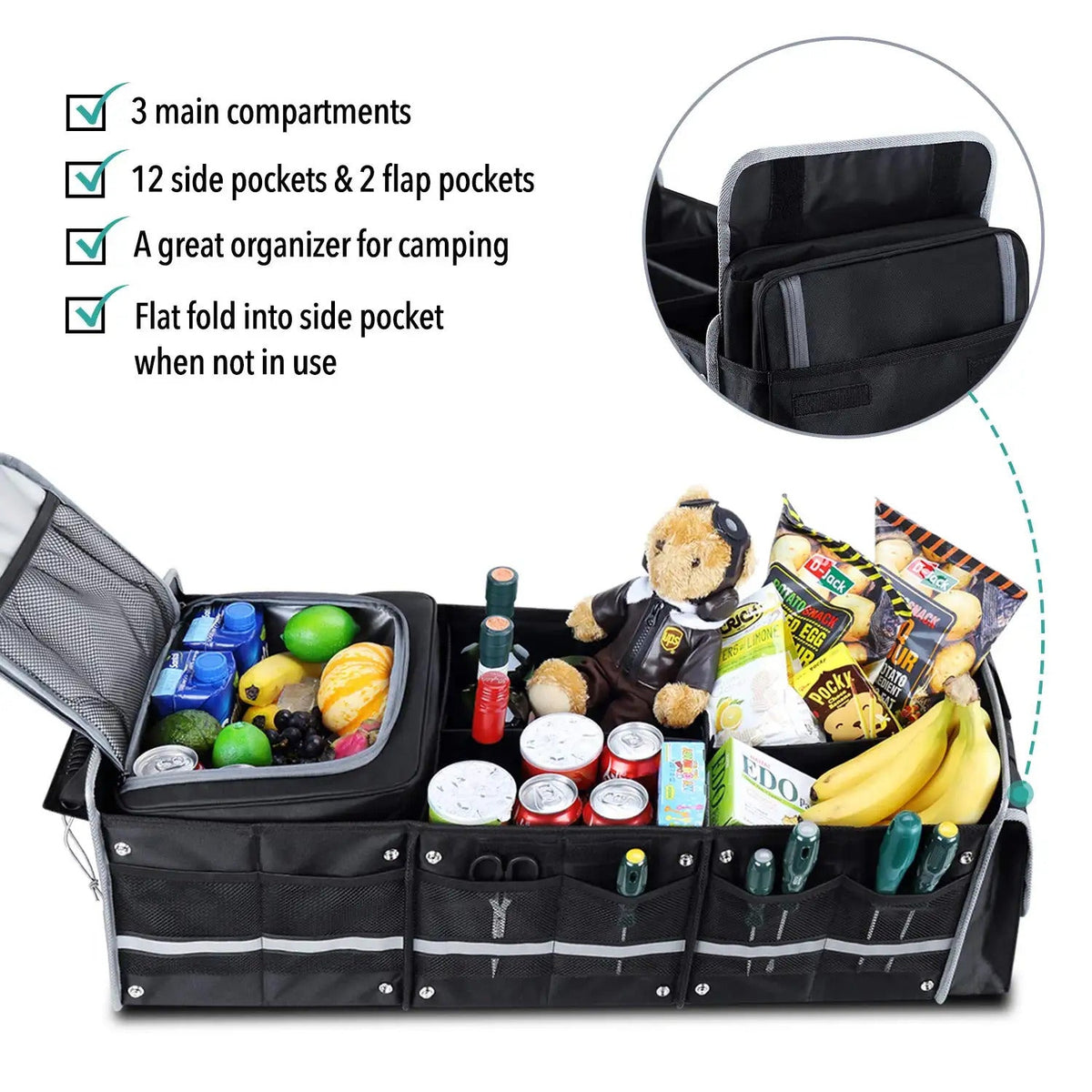 Glamor Cargo Lid, Straps Leak-proof Car Cooler Organizer & Collapsible Insulated Storage Removable with D Dividers, SUV Black 2 - - Tie-Down Foldable Bag and 5-in-1 Trunk with Solution