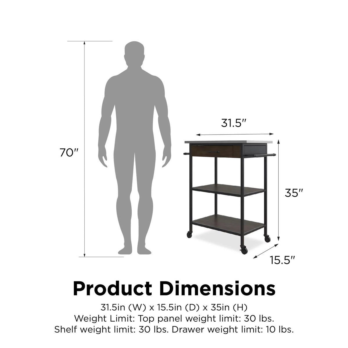 Cart, Black Counter Frame, Brown Pantry Kane Stainless Steel Storage,  Kitchen Top, DHP