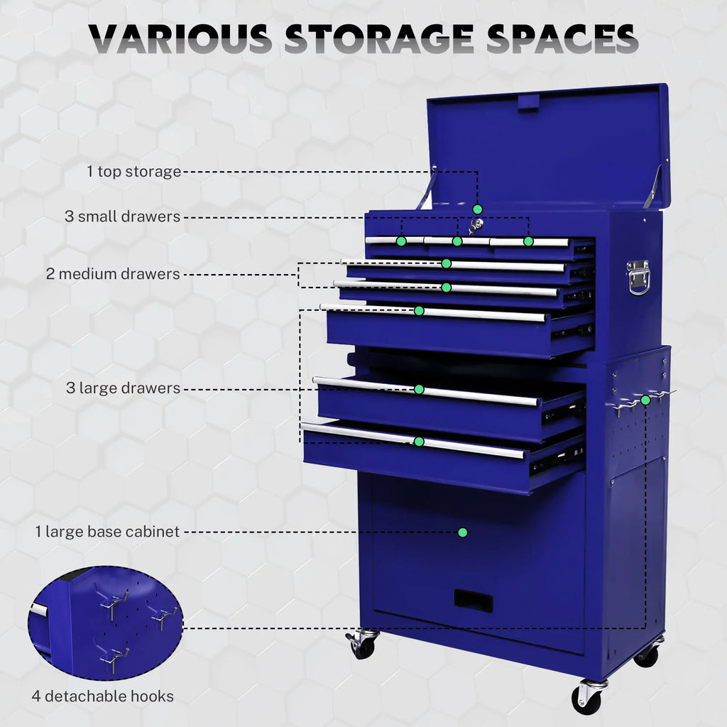 Rolling Chest Double Drawers, Drawers, On Chest 2-IN-1 & Blue Sliding Large Box Drawers, Capacity Cabinet Lockable Tool Wheels Tool with Box, with with Tool Tool 8 Hidden Organizer