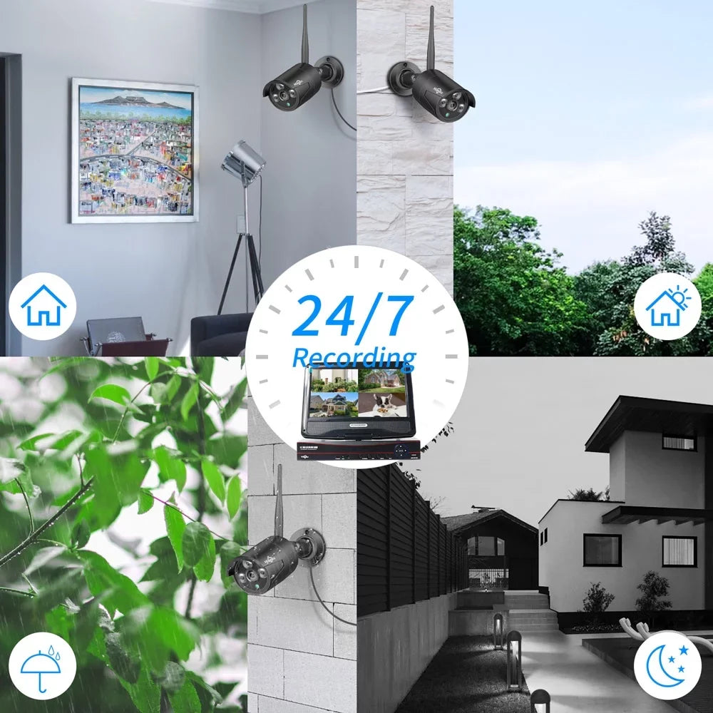 WiFi) Only Channel Wi-Fi Security NVR, 10.1'' System Liquidproof, 2.4Ghz Camera Vision, Drive, Hiseeu with 1TB Audio (Supports Hard Recording, Wireless with Home Camera Security 4Pcs Monitor, Night 10