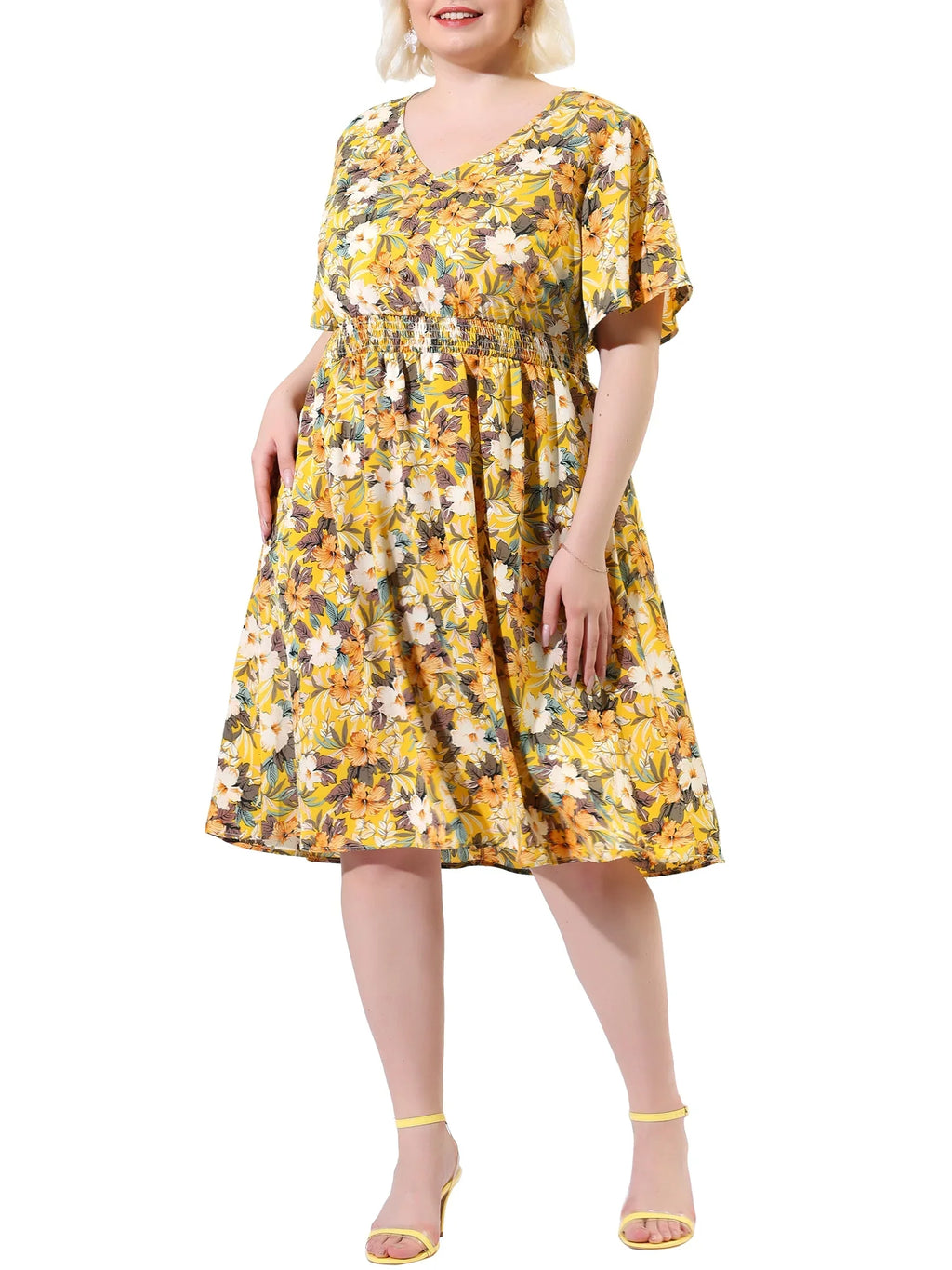 Sleeve Yellow NOVA Juniors' Midi Print Floral 3X V Neck Relaxed  MODA Flare Plus