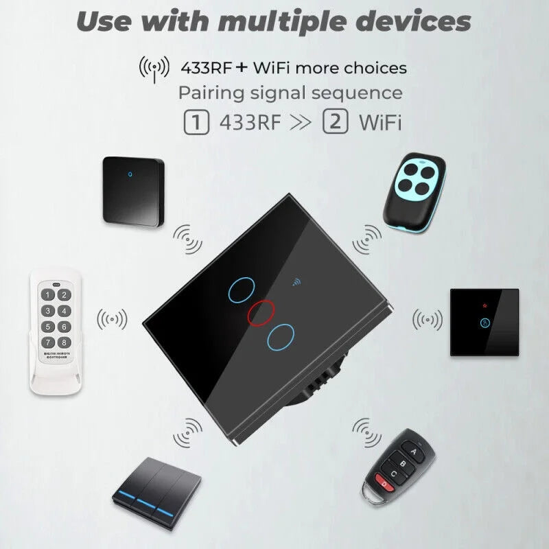 Touch Wall Home Panel TUYA WiFi+433MHZ Smart Light Button Switch Glass 3/4Gang