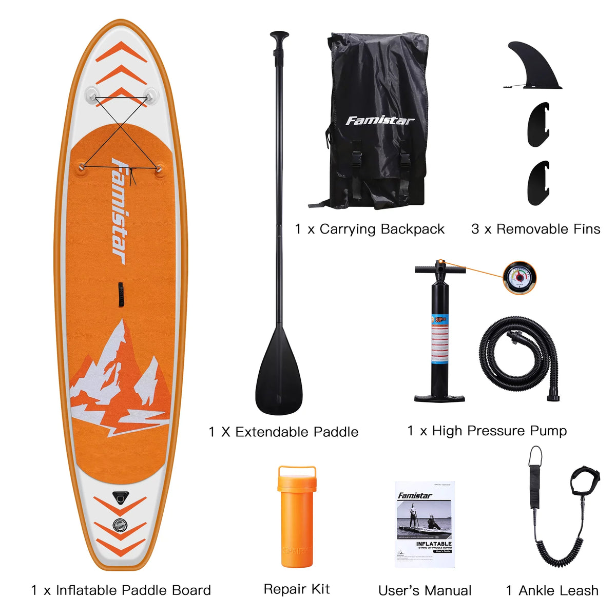 Stance, 10' | Paddle Boat-Orange with 3 Control, (6"Thick) |Youth Inflatable Deck Fin Paddling, Famistar Adult Wide Stand Standing Board Pins Up Non-Slip SUP/ for & Bottom Surf