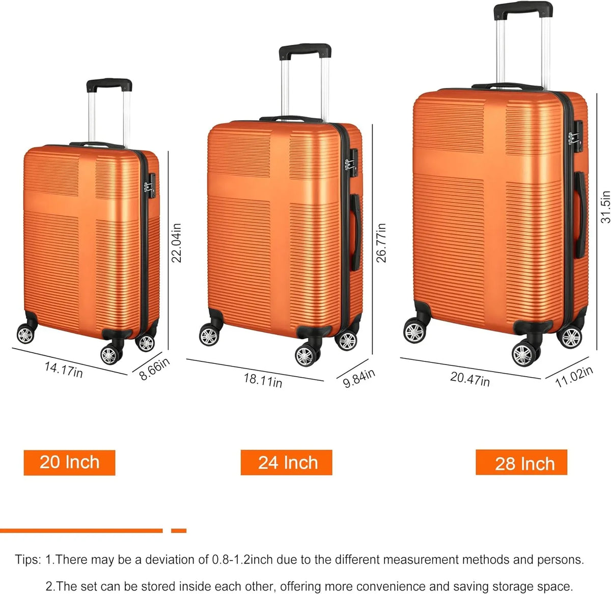 Set Sets 3 Suitcase Wheels,Orange with Luggage Hardside Sets with Orange(20in/24in/28in) Piece, Lock Women TSA Luggage Spinner for