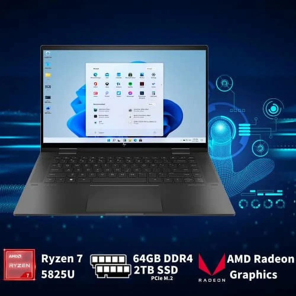 15.6" True x360 RAM, Touchscreen USB Vision Black, Backlit SSD, Camera, Laptop, IR AMD AMD 2022 Ryzen PCIe Radeon 7 11, HP Win 2-in-1 Graphics, 2TB 64GB Keyboard, Envy 5825U, 5MP 32GB Card