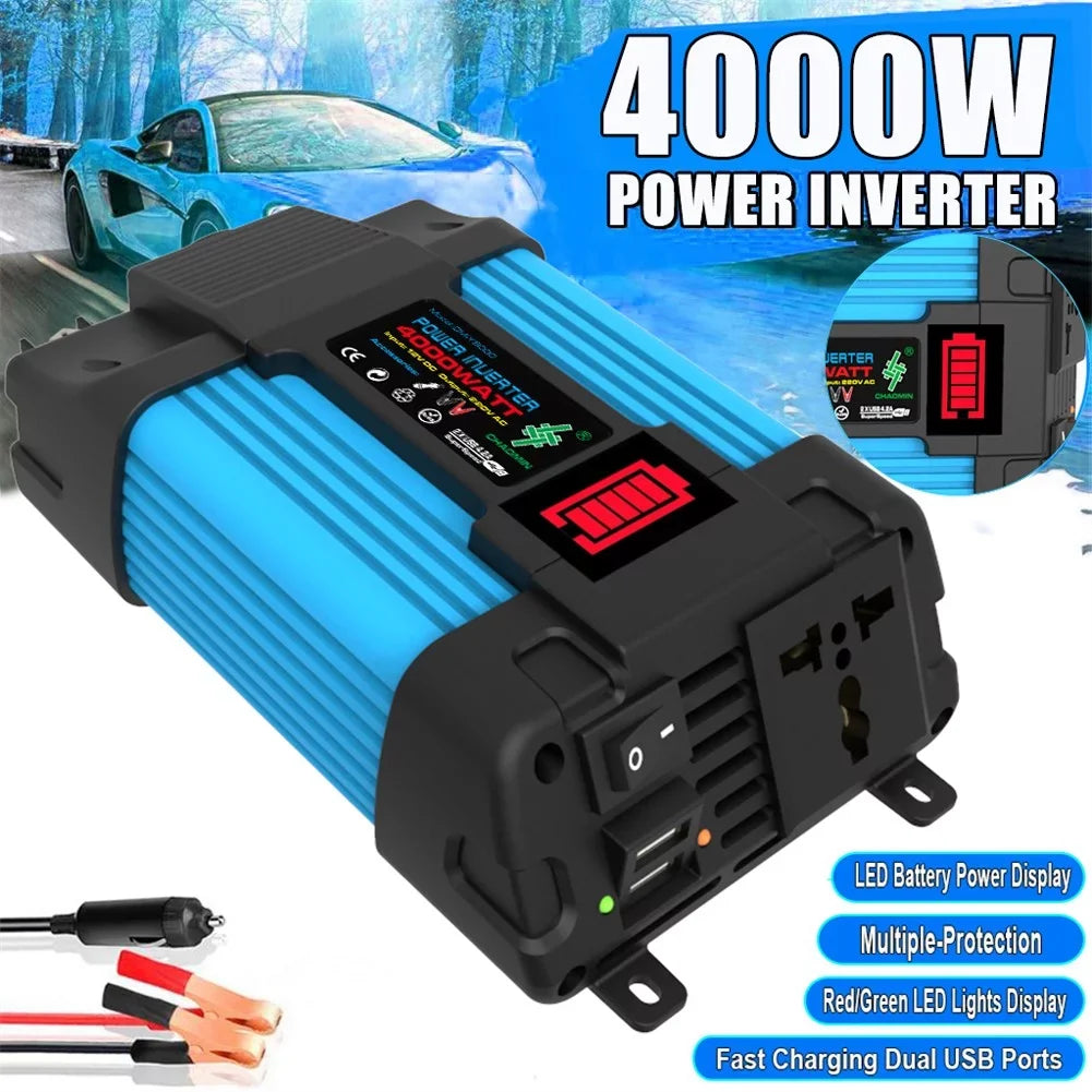 12V 4000W Pure Display 2 To DC 110/220V LCD Sine AC Wave USB Power Inverter Car