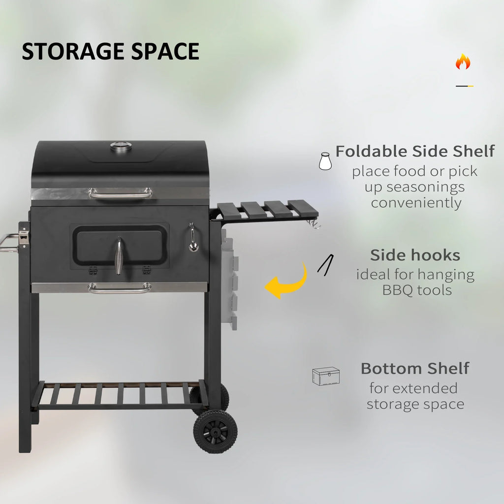 Portable Side Homiyad Camping Shelf, Cooker and for Picnic Storage Wheels Outdoor Backyard Or with Charcoal Table, BBQ Grill, Black Handle, Bottom