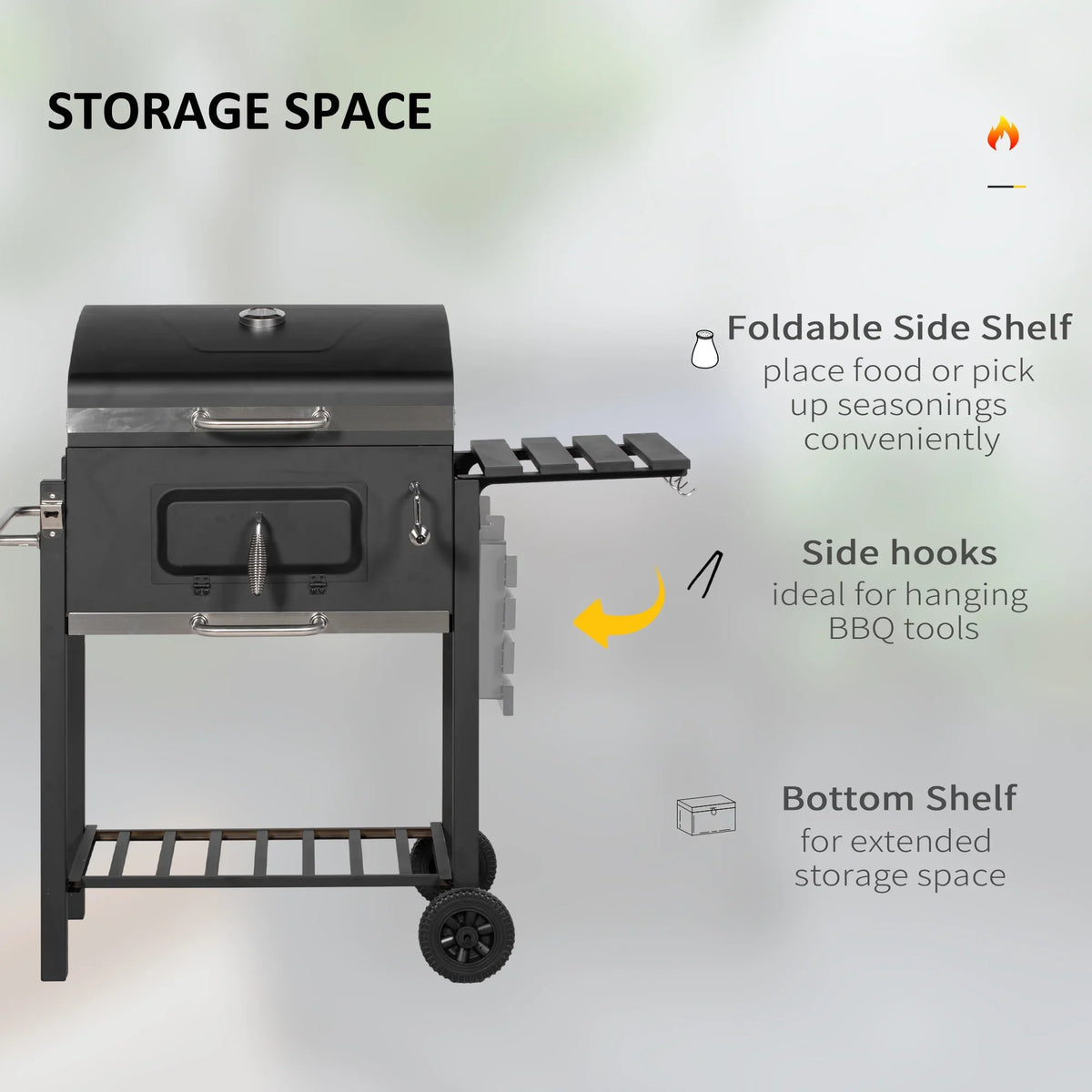 Portable Side Homiyad Camping Shelf, Cooker and for Picnic Storage Wheels Outdoor Backyard Or with Charcoal Table, BBQ Grill, Black Handle, Bottom